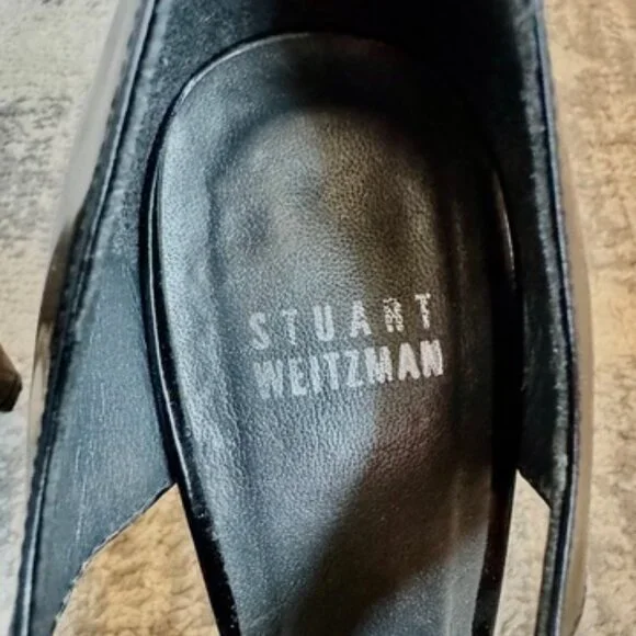 Stuart Weitzman Black Patent Leather T Strap Oxford Wood Heels - Picture 10 of 14